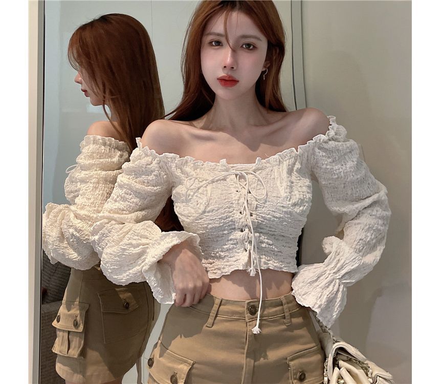Off-Shoulder Lace-Up Cropped Long-Sleeve Blouse