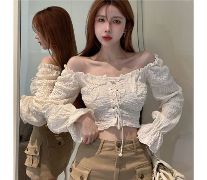 Off-Shoulder Lace-Up Cropped Long-Sleeve Blouse