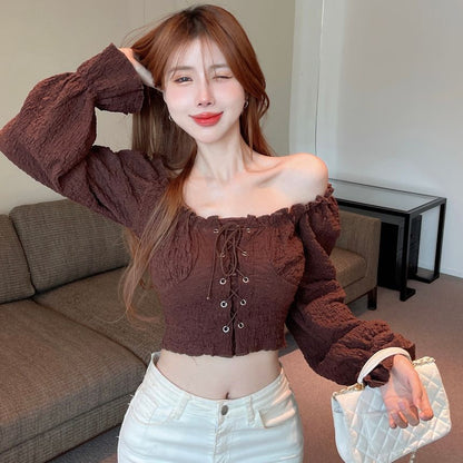 Off-Shoulder Lace-Up Cropped Long-Sleeve Blouse