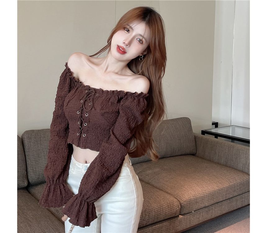 Off-Shoulder Lace-Up Cropped Long-Sleeve Blouse