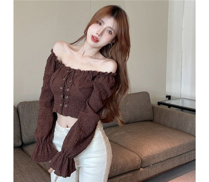 Off-Shoulder Lace-Up Cropped Long-Sleeve Blouse