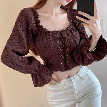 Off-Shoulder Lace-Up Cropped Long-Sleeve Blouse
