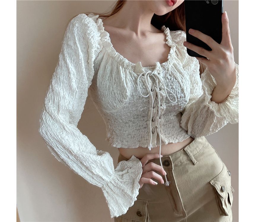 Off-Shoulder Lace-Up Cropped Long-Sleeve Blouse