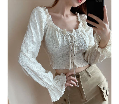 Off-Shoulder Lace-Up Cropped Long-Sleeve Blouse