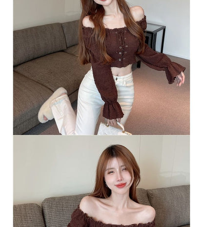 Off-Shoulder Lace-Up Cropped Long-Sleeve Blouse