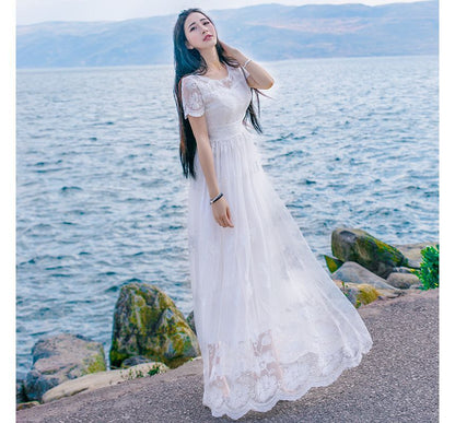 Short-Sleeve Round Neck Plain Flower Embroidered Lace Maxi A-Line Dress