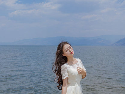 Short-Sleeve Round Neck Plain Flower Embroidered Lace Maxi A-Line Dress