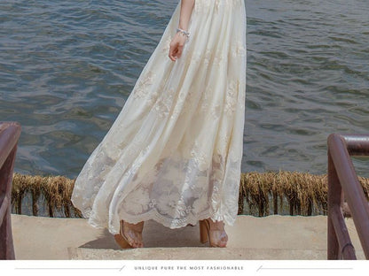 Short-Sleeve Round Neck Plain Flower Embroidered Lace Maxi A-Line Dress