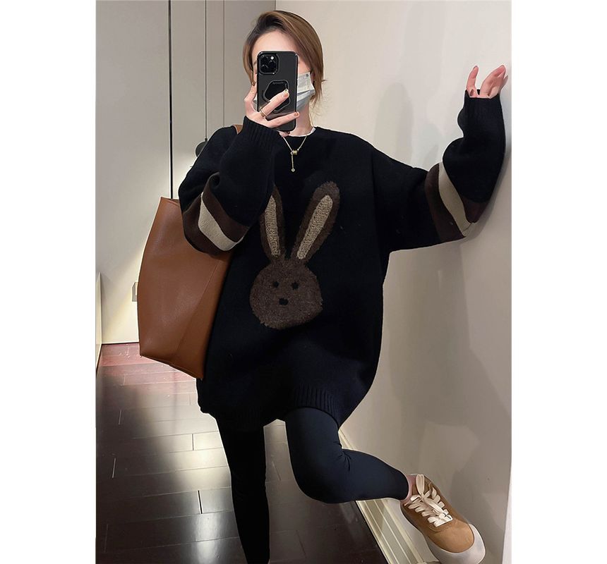 Crew Neck Rabbit Embroidered Sweater