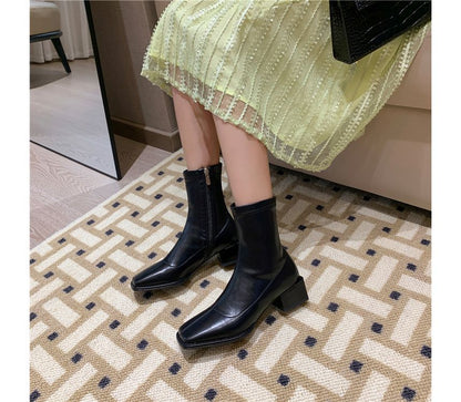 Square Toe Faux Leather Block Heel Short Boots