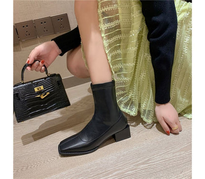 Square Toe Faux Leather Block Heel Short Boots