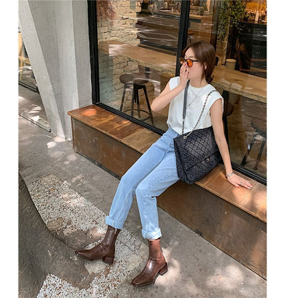 Square Toe Faux Leather Block Heel Short Boots