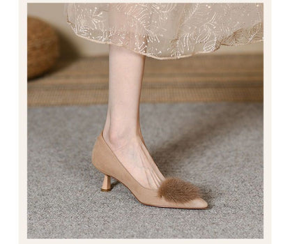 Pom Pom Accent Faux Suede Kitten Heel Pointed Pumps
