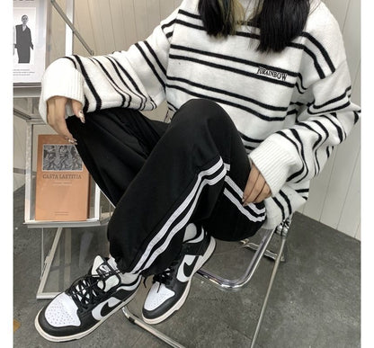 High Waist Striped Loose-Fit Wide-Leg Sweatpants