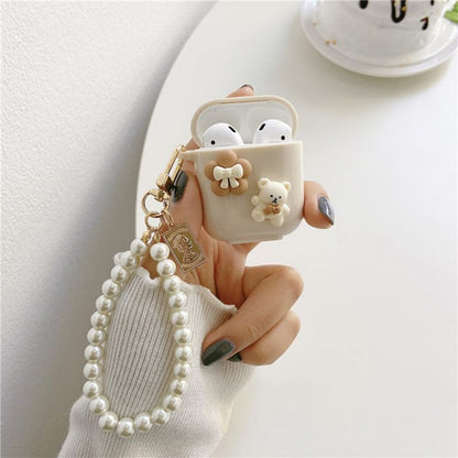 Floral Bear Faux Pearl Chain AirPods / Pro Earphone Case Skin