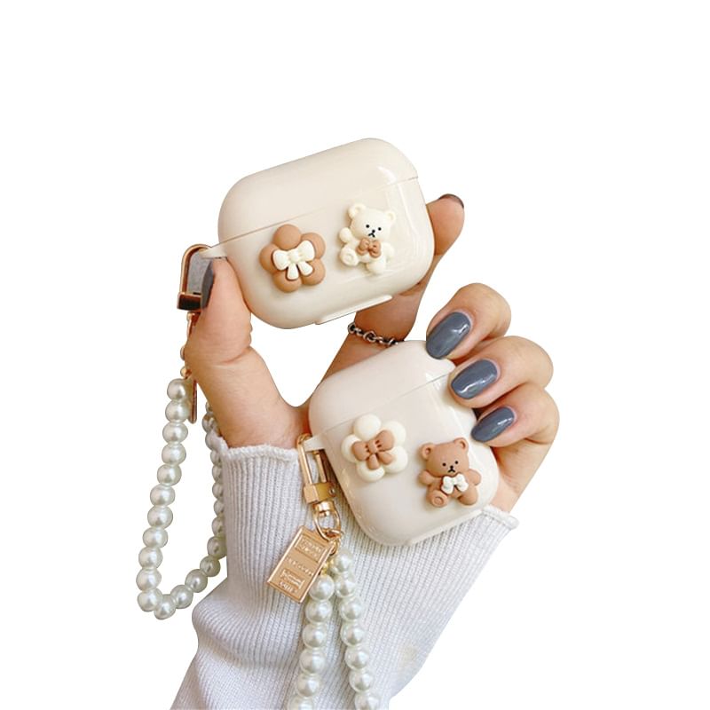 Floral Bear Faux Pearl Chain AirPods / Pro Earphone Case Skin