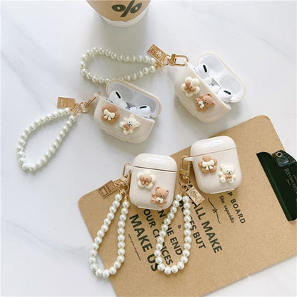 Floral Bear Faux Pearl Chain AirPods / Pro Earphone Case Skin