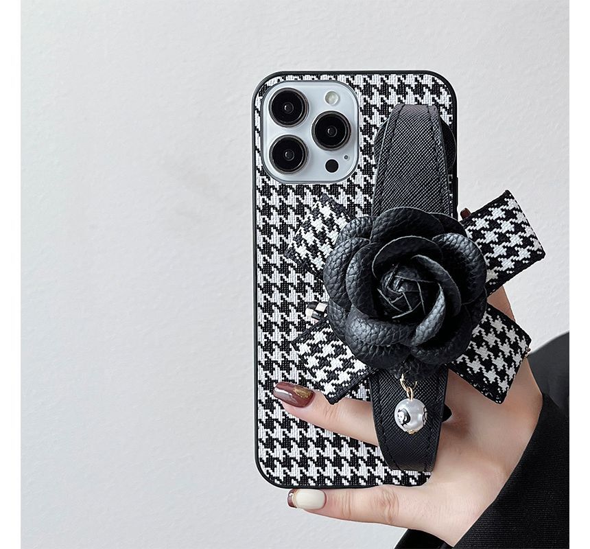 Floral Houndstooth Strap Phone Case - iPhone 14 Pro Max / 14 Pro / 14 Max / 14 / 13 Pro Max / 13 Pro / 13 / 13 mini / 12 Pro Max / 12 Pro / 12 / 12 mini / 11 Pro Max / 11 Pro / 11 / SE / XS Max / XS / XR / X / 8 / 8 Plus / 7 / 7 Plus