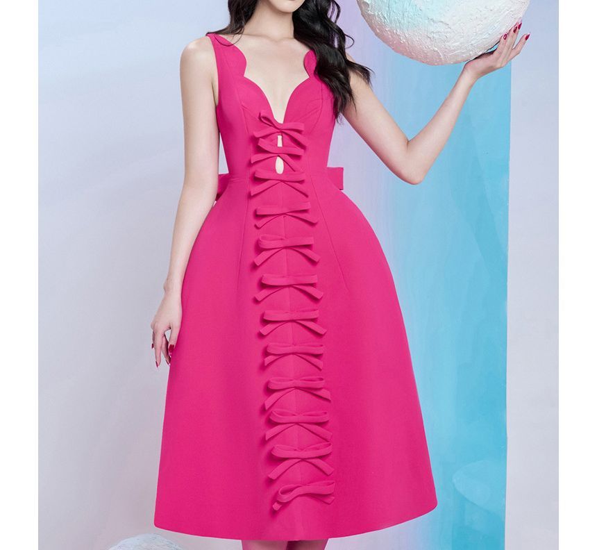 Sleeveless V-Neck Plain Bow Midi A-Line Cocktail Dress