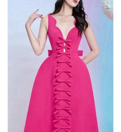 Sleeveless V-Neck Plain Bow Midi A-Line Cocktail Dress