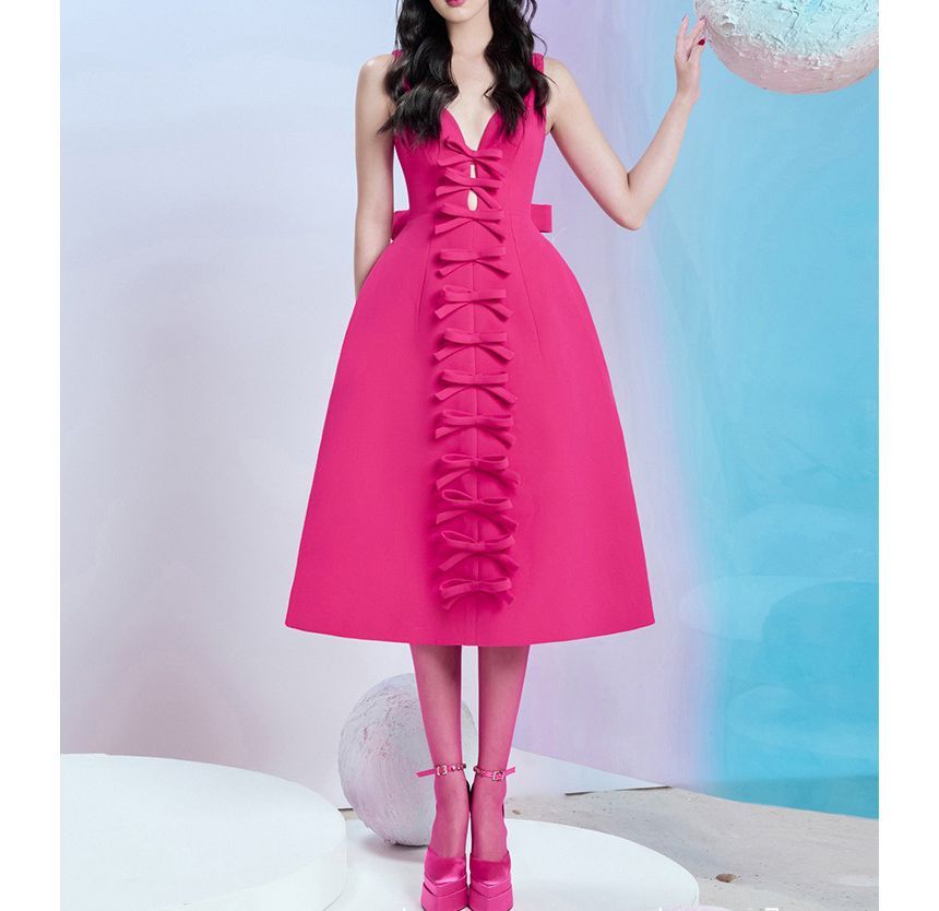 Sleeveless V-Neck Plain Bow Midi A-Line Cocktail Dress