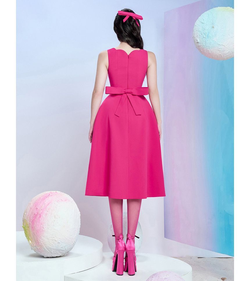 Sleeveless V-Neck Plain Bow Midi A-Line Cocktail Dress