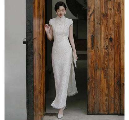 Cap-Sleeve Lace Mermaid Evening Gown