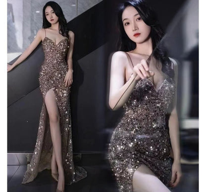 Spaghetti Strap Sweetheart Neckline Sequined Mermaid Evening Gown