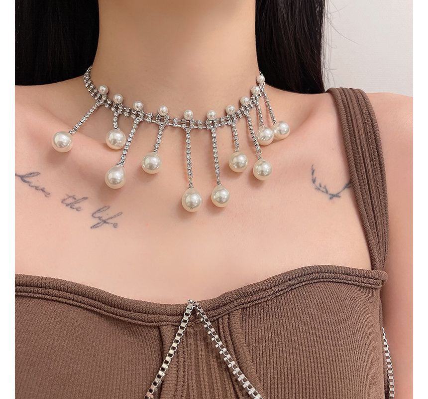 Fringed Rhinestone Faux Alloy Choker Pearl