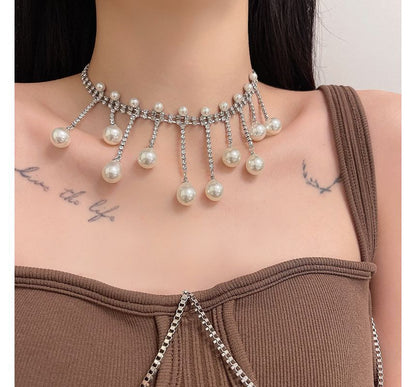 Fringed Rhinestone Faux Alloy Choker Pearl