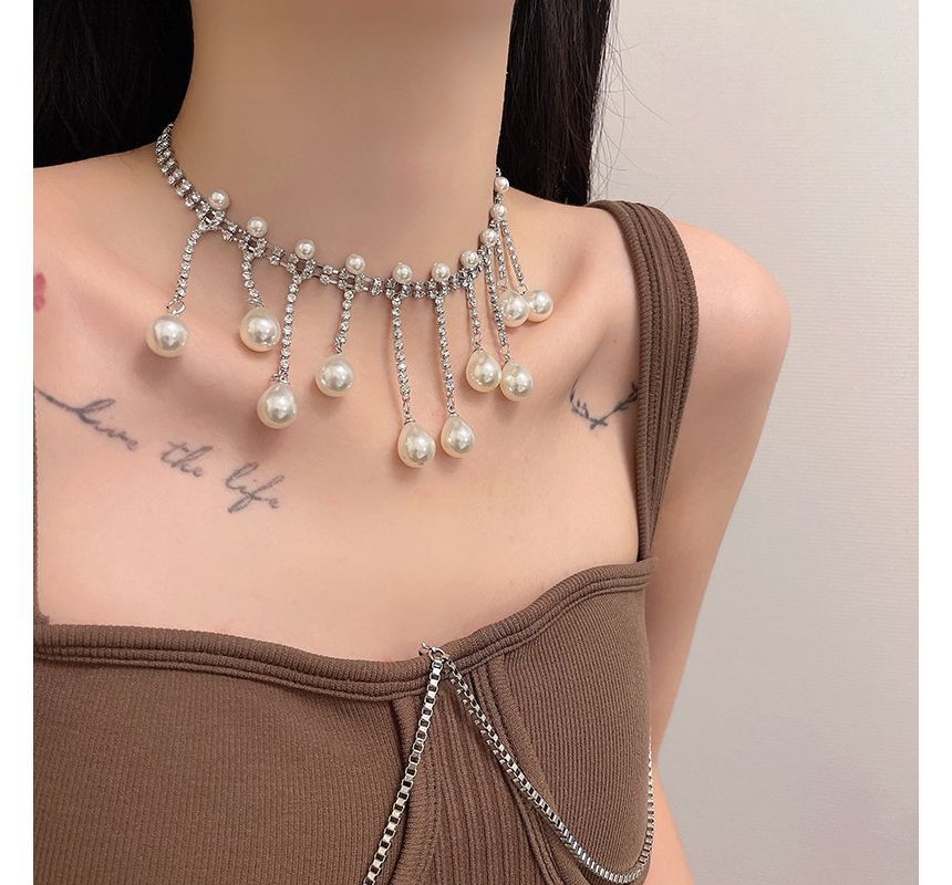 Fringed Rhinestone Faux Alloy Choker Pearl