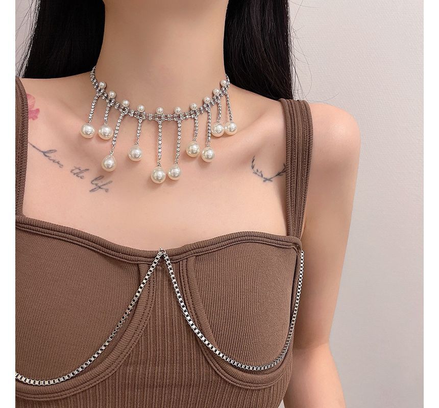 Fringed Rhinestone Faux Alloy Choker Pearl
