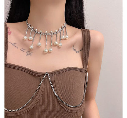 Fringed Rhinestone Faux Alloy Choker Pearl