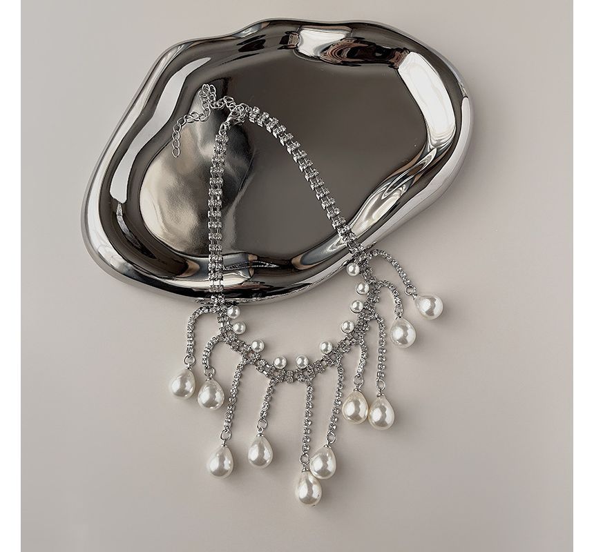 Fringed Rhinestone Faux Alloy Choker Pearl