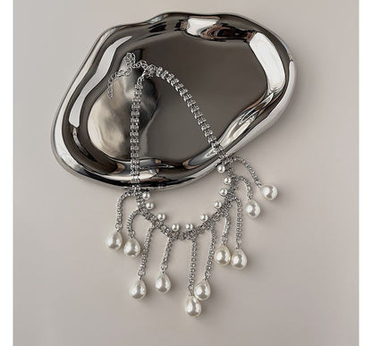 Fringed Rhinestone Faux Alloy Choker Pearl