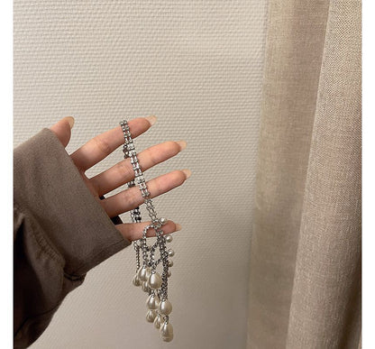 Fringed Rhinestone Faux Alloy Choker Pearl