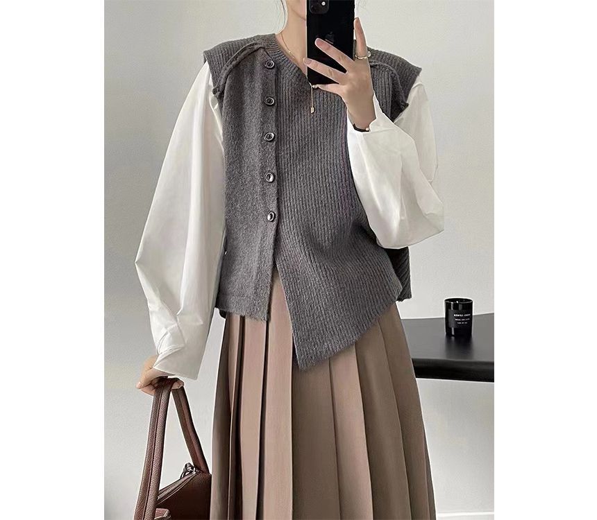 Sweater Button-Up Neck Hem Vest Plain Crew Asymmetrical