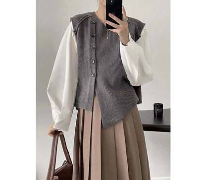 Sweater Button-Up Neck Hem Vest Plain Crew Asymmetrical