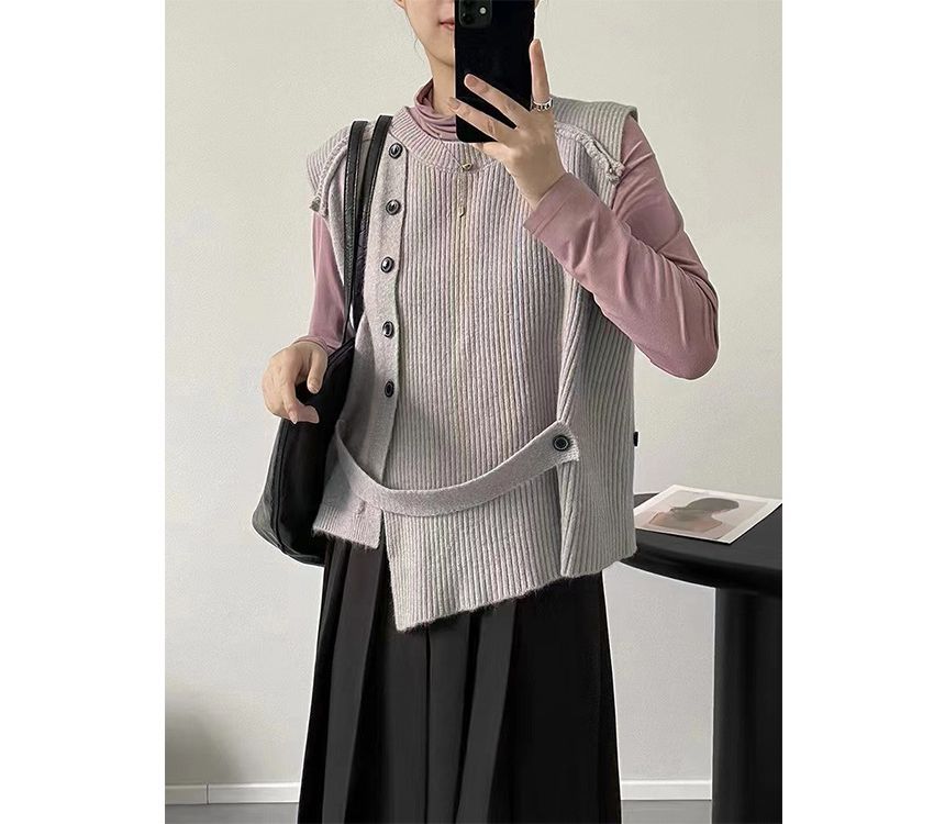 Sweater Button-Up Neck Hem Vest Plain Crew Asymmetrical