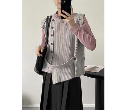 Sweater Button-Up Neck Hem Vest Plain Crew Asymmetrical