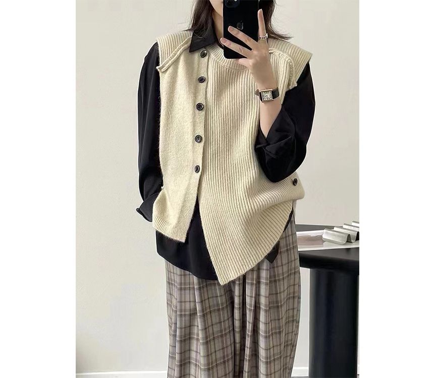 Sweater Button-Up Neck Hem Vest Plain Crew Asymmetrical