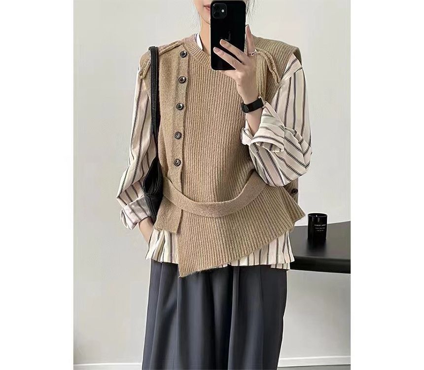 Sweater Button-Up Neck Hem Vest Plain Crew Asymmetrical