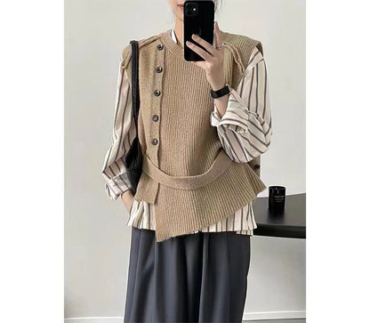 Sweater Button-Up Neck Hem Vest Plain Crew Asymmetrical