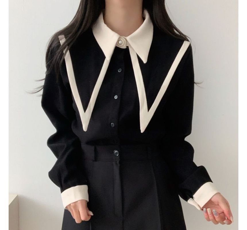 Long-Sleeve Collared Two Tone Shirt