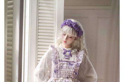 Lolita Langärmliges Midikleid in A-Linie mit Blumenmuster, Schleife und Rüschenbesatz