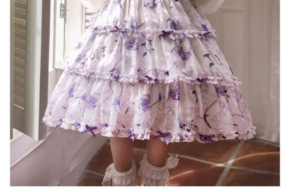 Lolita Langärmliges Midikleid in A-Linie mit Blumenmuster, Schleife und Rüschenbesatz