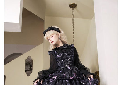 Lolita Langärmliges Midikleid in A-Linie mit Blumenmuster, Schleife und Rüschenbesatz