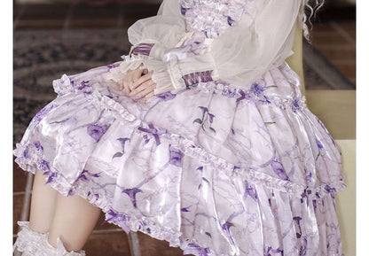 Lolita Langärmliges Midikleid in A-Linie mit Blumenmuster, Schleife und Rüschenbesatz