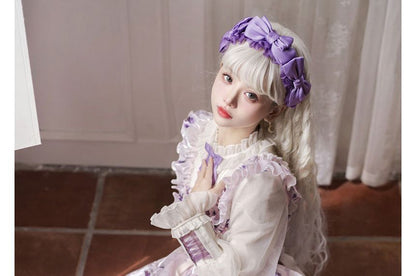 Lolita Langärmliges Midikleid in A-Linie mit Blumenmuster, Schleife und Rüschenbesatz