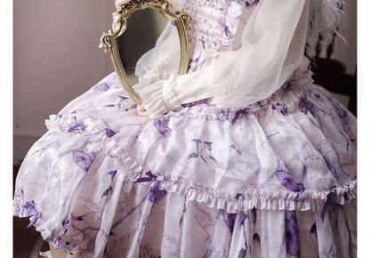 Lolita Langärmliges Midikleid in A-Linie mit Blumenmuster, Schleife und Rüschenbesatz
